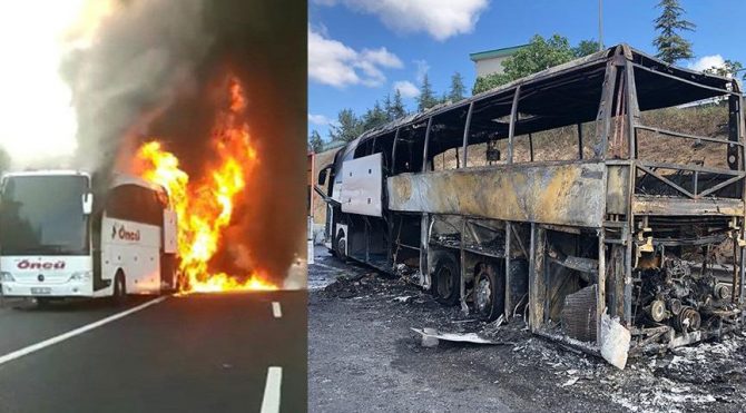Otobüs alev alev yandı, yolcular son anda kurtuldu