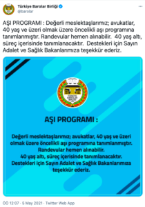 Türkiye Barolar Birliği : 40 yaş ve üstü avukatlar öncelikli aşı programına tanımlandı