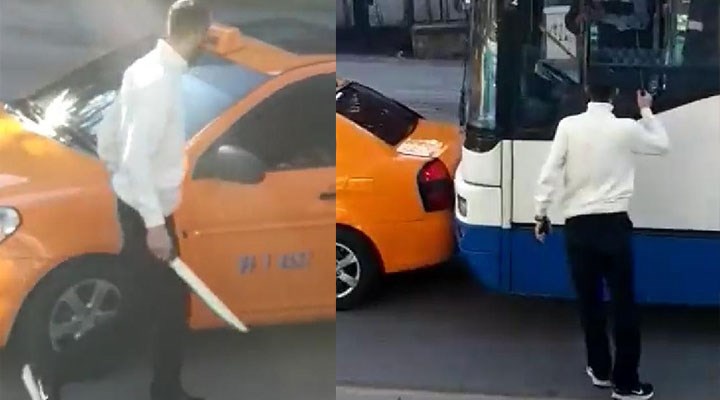 Trafikte taksici, otobüs şoförünü ‘el bombası’ ile tehdit etti