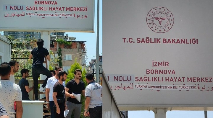 İzmir'de Memleket Partili grup, sağlık merkezinin tabelasının Arapça bölümünü kapattı
